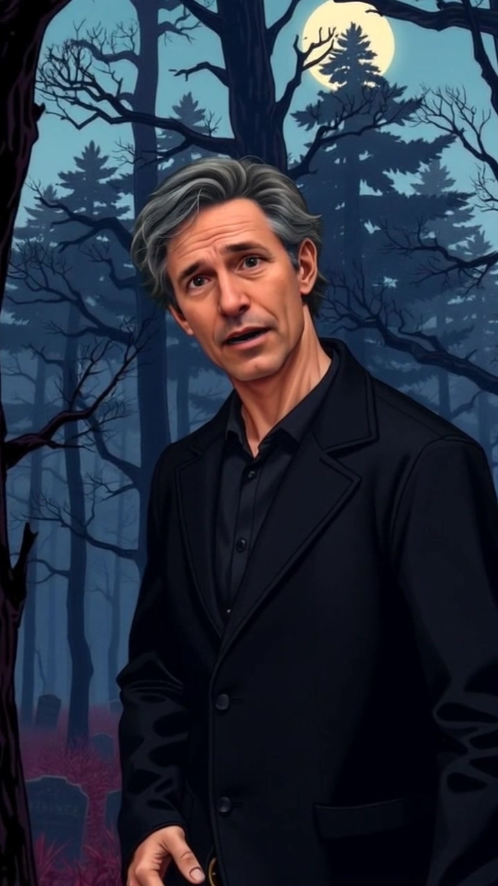 Subject: A person standing in a dense forest. Subject movement: The person glances nervously from side to side, shifting their weight subtly as shadows move through the trees. Scene: A thick, towering forest with sunlight filtering through the leaves, creating a patchwork of light and shadow on the forest floor. Style: Ambient lighting with a mix of warm tones and cooler shades, evoking a sense of mystery. Motion: The camera slowly pushes in, creating an intimate close-up of the person's expression, while the trees sway gently in the breeze, emphasizing the surrounding ambiance.