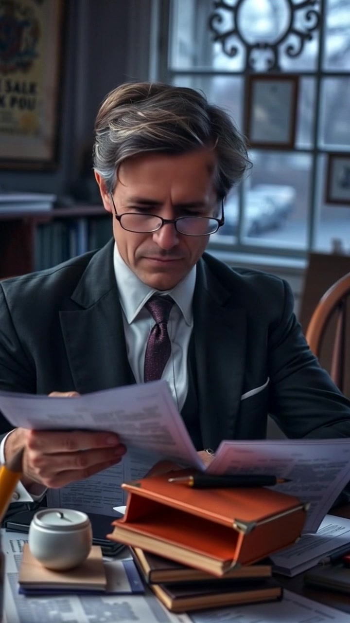 Scene: A focused individual at an office desk, meticulously reviewing old corporate reports, surrounded by documents and a computer. Style: Soft, ambient office lighting creating a contemplative atmosphere. Motion: Camera gradually pushes in for a close-up of the thoughtful expression, capturing the fine details of the reports and highlighting the individual's deep concentration.