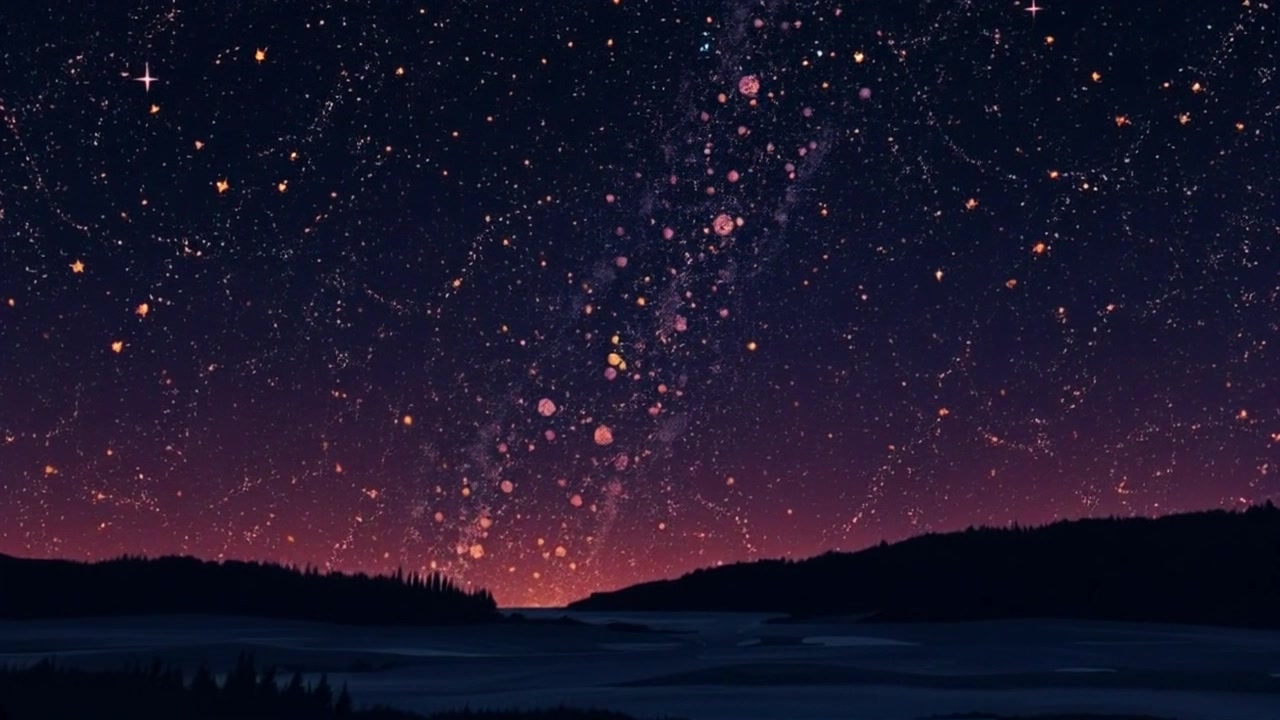 Scene: A tranquil landscape under a vast night sky, filled with countless twinkling stars creating a breathtaking celestial panorama. Style: The scene is illuminated by ambient moonlight, enhancing the serene atmosphere of the calm landscape. Motion: The camera slowly pans across the landscape, capturing the expanse of the starry sky above, while revealing the subtle details of the tranquil terrain below.