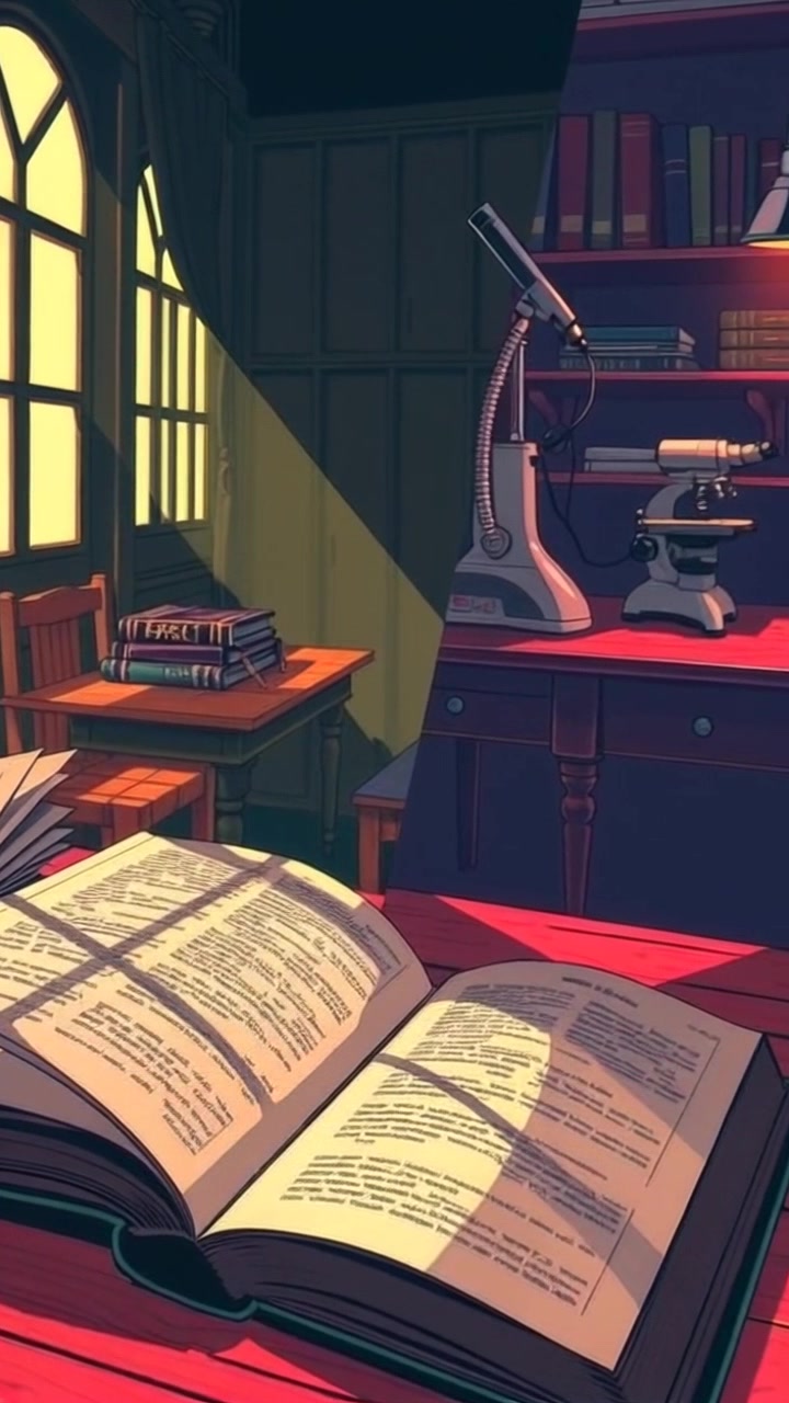 Scene: An open book resting on a rustic wooden table, illuminated by sunlight streaming through a nearby window, casting intricate shadows on the pages. Style: Warm lighting creating an inviting atmosphere, with soft contrasts enhancing the texture of the wood and the pages of the book. Motion: Camera slowly pushes in on the book, emphasizing the delicate details of the pages as the shadows dance gently.