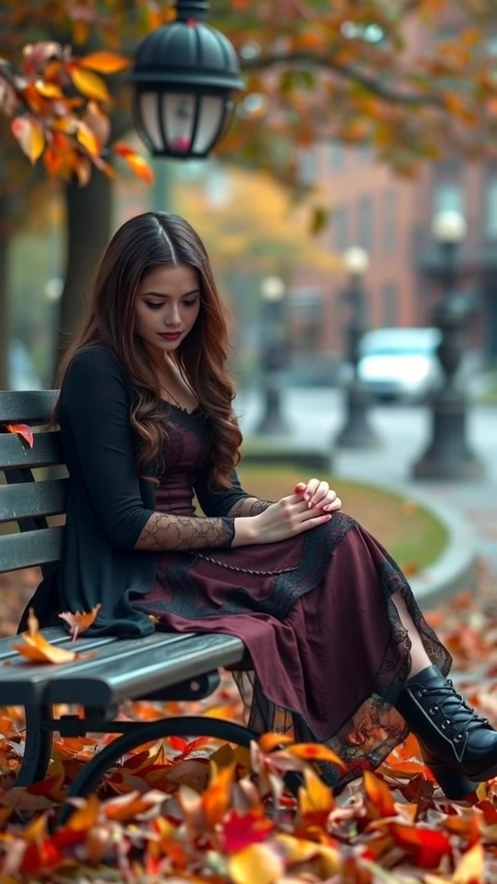 Subject: A young woman sitting on a park bench. Subject movement: She sits quietly, looking down at the ground, with a somber expression. Scene: A secluded park bench surrounded by vibrant autumn leaves, trees shedding their colorful foliage. Style: Soft, muted lighting reflecting the melancholy mood of the scene, with hints of orange and yellow from the leaves. Motion: The camera gently pushes in from a distance, focusing on her expression before slowly pulling back to reveal the serene, autumnal surroundings.
