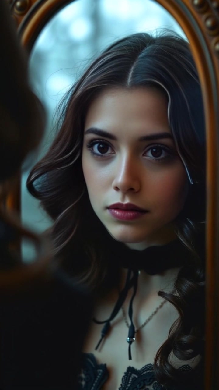 Subject: A close-up of a person's face showing a look of confusion while gazing into a mirror. Subject movement: The person shifts slightly, tilting their head as they try to make sense of their reflection. Scene: Intimate and personal setting of a dimly lit bathroom, with soft details in the background. Style: Soft, ambient lighting creating a contemplative mood. Motion: The camera slowly pushes in on the person's face, capturing the nuances of their expression as the surroundings blur softly in bokeh.