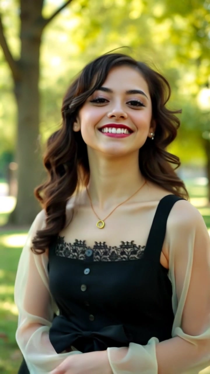 Subject: A person with a bright smile, standing in a sunny park. Subject movement: The person joyfully spins around, arms wide open, embracing the bright atmosphere. Scene: Vibrant park setting with lush green trees swaying gently in the background, dappled sunlight filtering through the leaves. Style: Sunny, cheerful lighting highlighting the warmth of the day, creating an inviting atmosphere. Motion: Camera performs a smooth, gentle dolly in as the person spins, capturing the joyful expression and the bright surroundings.