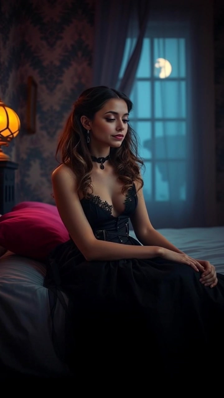 Subject: A figure sitting on the edge of a bed, lost in thought. Scene: Dimly lit bedroom, shadows softly embracing the surroundings, with hints of moodiness in the atmosphere. Motion: Camera softly pans around the figure, lingering on the contemplative expression against the gentle twilight of the room, highlighting the stillness and intimacy of the moment.
