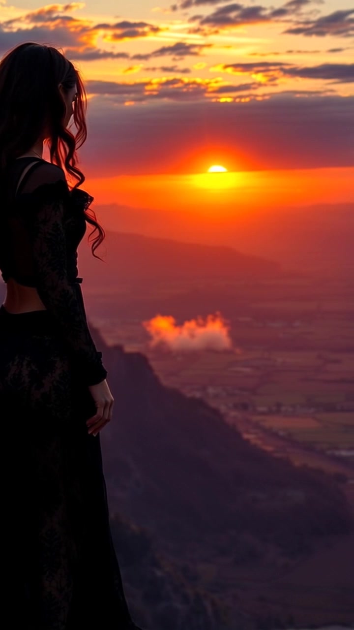Subject: A person standing at the edge of a cliff. Subject movement: The individual gazes thoughtfully into the distance, arms relaxed at their sides. Scene: A breathtaking view of a vast valley during sunset, with hues of orange and purple lighting the sky. Motion: Start with a close-up of the individual, then push out to reveal the expansive landscape, capturing the dramatic contrast of the cliff against the sweeping valley below. Lighting: Warm, sunset lighting enveloping the scene, creating an inviting atmosphere.