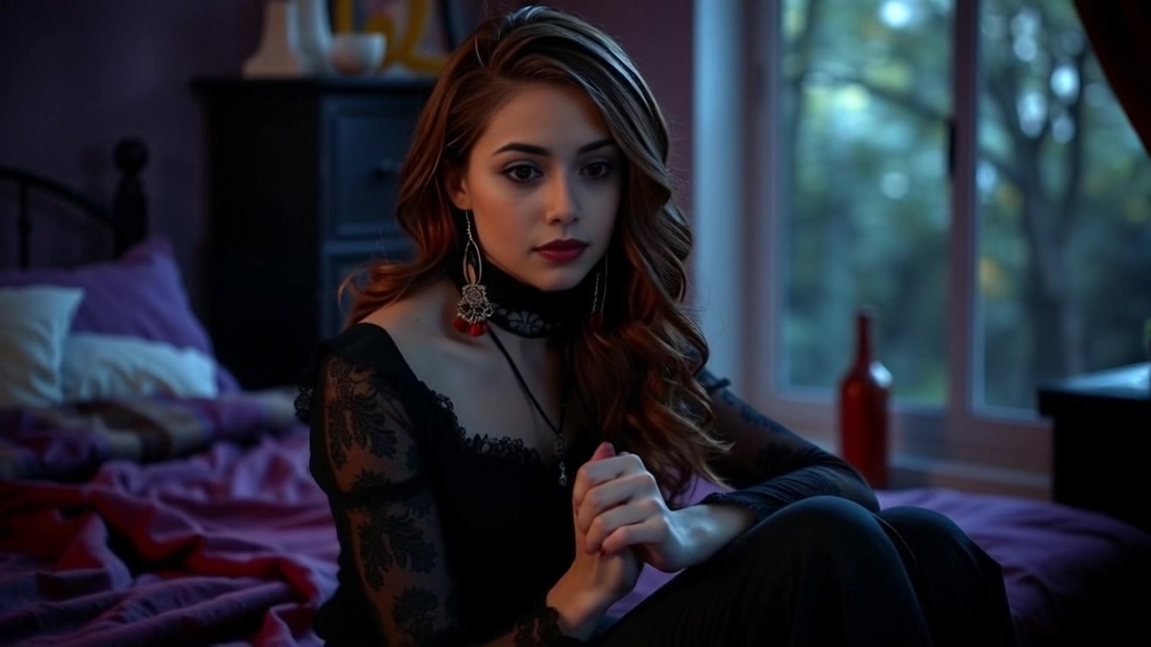 Subject: A young woman appearing slightly anxious, seated on her bed with hands clasped. Scene: Cozy bedroom setting with soft, warm lighting filtering through sheer curtains, creating a peaceful but tense atmosphere. Motion: The camera begins with a close-up on her hands, then slowly pulls back to reveal her face, capturing the subtle tension in her expression as the room's comforting decor contrasts with her nervous demeanor.