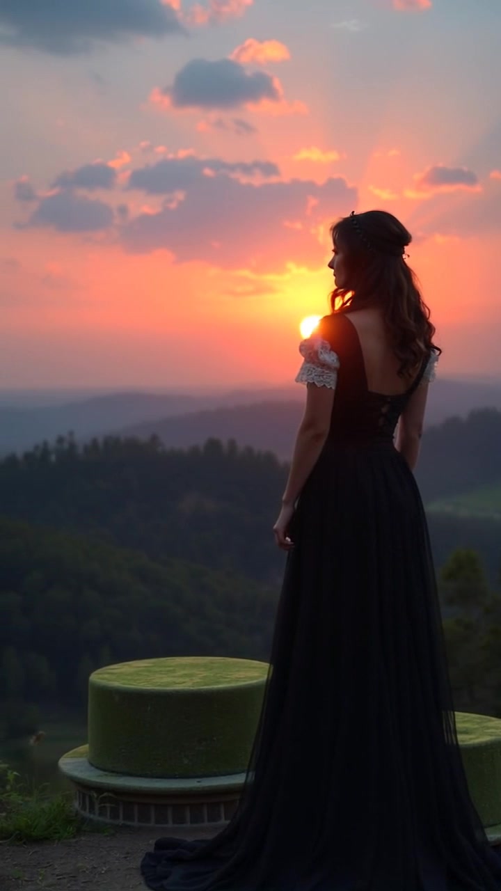 Subject: A Maya standing on a hilltop. Subject movement: The Maya surveys the valley, arms outstretched in a gesture of openness and reflection. Scene: Hilltop overlooking a vast valley bathed in the soft glow of sunrise, symbolizing hope and growth. Style: Warm morning light enveloping the landscape, creating a golden hue over the valley below. Motion: Camera slowly pans around the Maya, capturing both the serene expression and the expansive vista, revealing the lush details of the valley as the day begins.