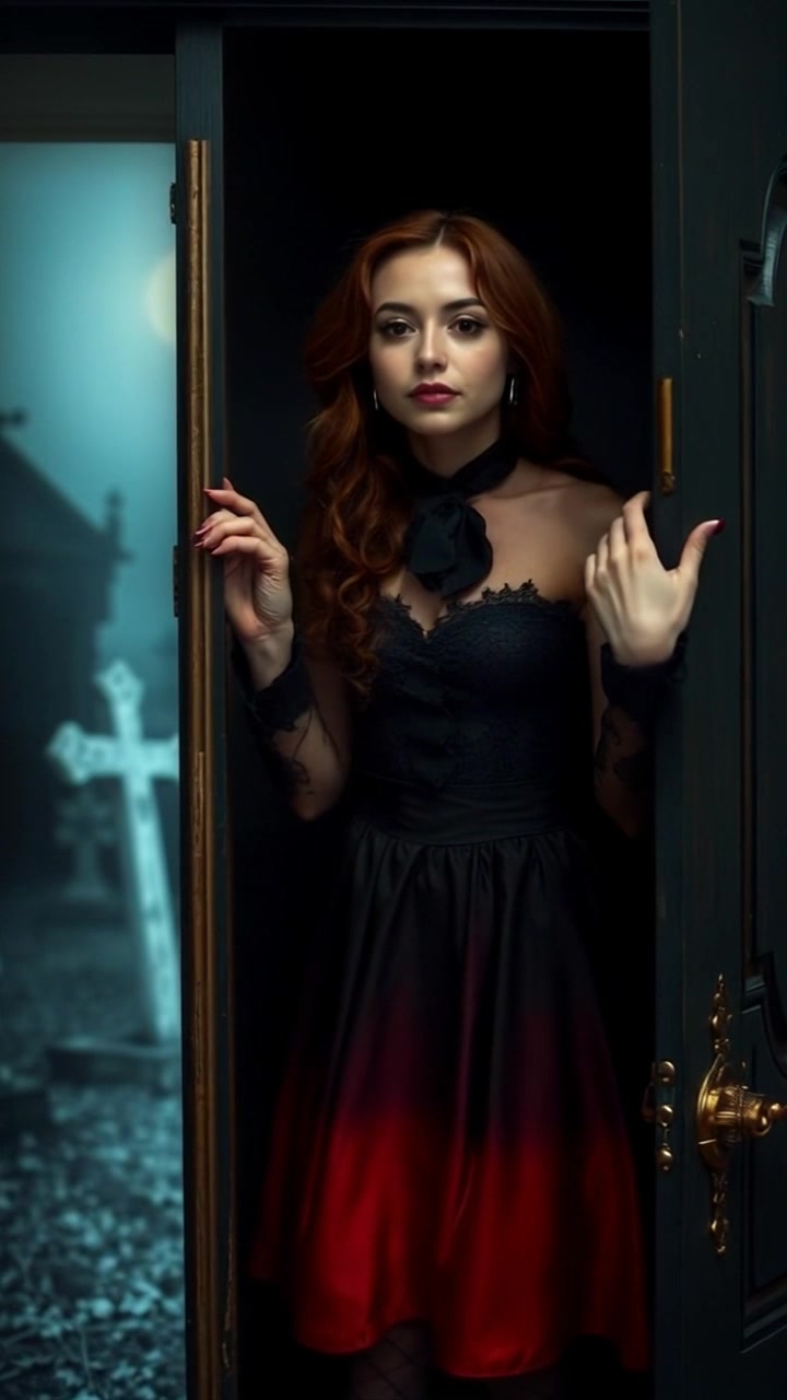 Subject: Maya slowly opening the wardrobe door. Subject movement: The door creaks open, revealing a depth of darkness within as Maya steps back, a look of curiosity on her face. Scene: A dimly lit bedroom with soft shadows, accentuated by a single ray of light illuminating the doorway. Style: Warm lighting creating an inviting yet mysterious ambiance. Motion: Camera tracks in closely to capture Maya's expression as she reveals the shadowy interior, before panning back slightly to show her surprise.