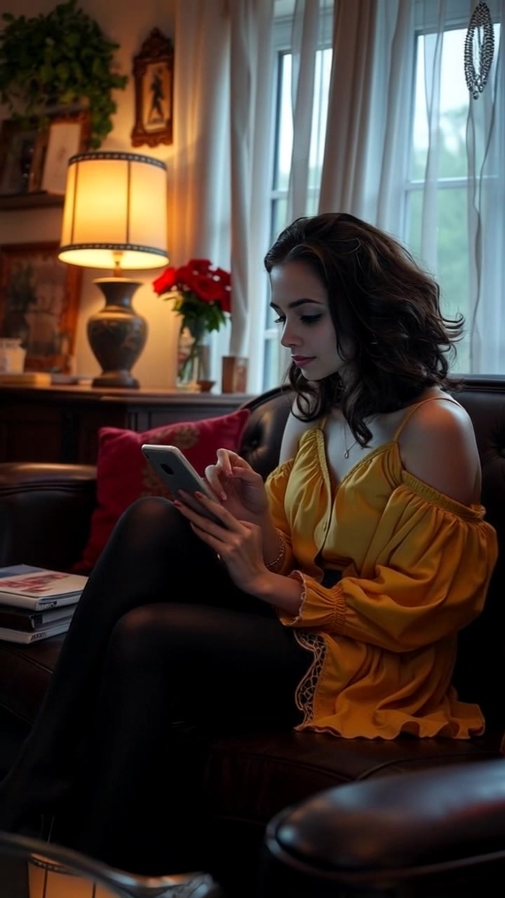 Subject: A person sitting on a couch. Subject movement: The person glances up from their phone while shifting comfortably on the couch. Scene: Cozy living room filled with soft lighting and warm colors, decorated with plush cushions and a small bookshelf. Style: Warm, inviting ambient lighting creating a relaxed atmosphere. Motion: The camera gently zooms in, framing the person as they engage with their phone, then pans slightly to capture the cozy details of the living room.