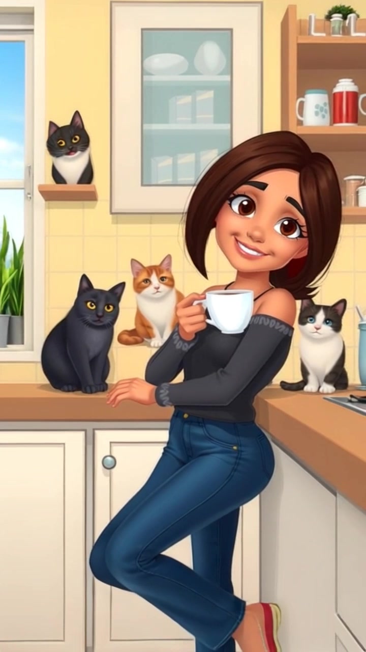 Subject: A woman with a cheeky smile, leaning casually against a modern kitchen counter, holding a steaming cup of tea. Subject movement: She playfully shifts her weight from one foot to the other, creating a sense of relaxed energy. Scene: Bright, inviting kitchen filled with contemporary decor, accentuated by potted herbs on the windowsill. Style: Warm, morning light streaming through the window, casting soft shadows and highlighting the fresh elements in the space. Motion: The camera begins with a close-up of her smiling face, then gently pushes out to reveal the vibrant kitchen surroundings, creating an engaging sense of intimacy and liveliness.