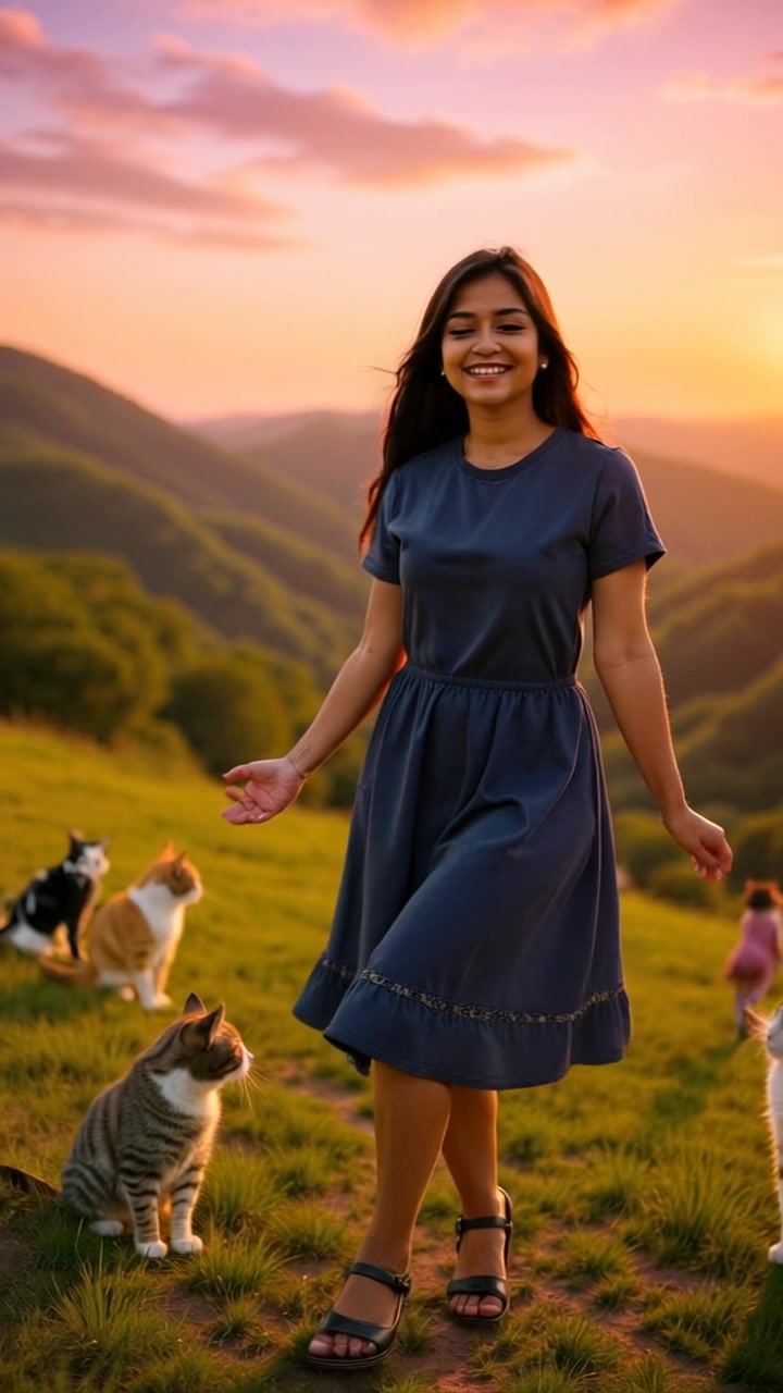 Subject: A figure standing on a hilltop. Subject movement: Priya gazes out over the valley, arms gently swaying at her sides. Scene: A hilltop view during sunset, with a warm, golden sky fading into shades of orange and pink, casting soft light over the landscape. Motion: The camera slowly pushes in from a wide shot, capturing the sweeping valley beneath while focusing on the serene expression on Priya's face as the sun dips behind the horizon.