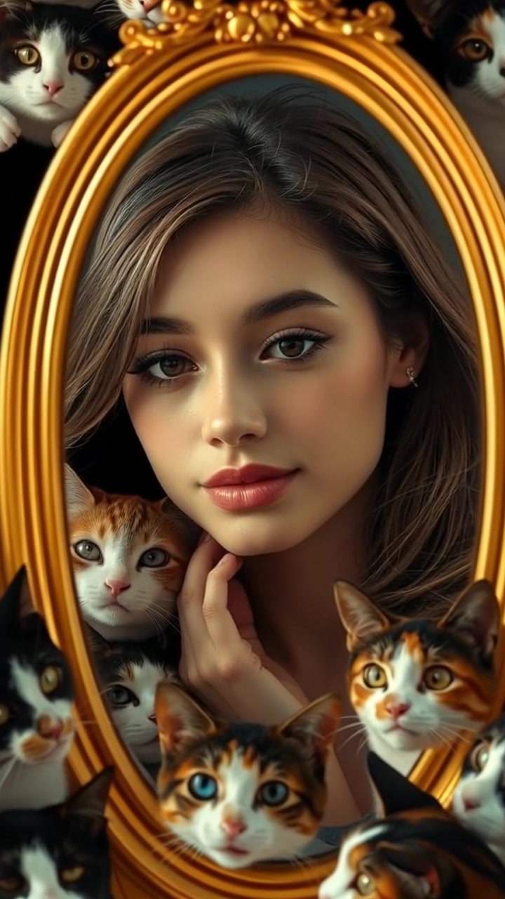 Scene: A mirror reflecting the face of a thoughtful young woman, surrounded by soft, ambient lighting in a serene room. Style: Warm, inviting light creating a peaceful atmosphere, emphasizing the woman's contemplative expression. Motion: Camera slowly pushes in towards the mirror, capturing the subtle changes in her expression as she gazes thoughtfully, enhancing the sense of intimacy with the reflective moment.
