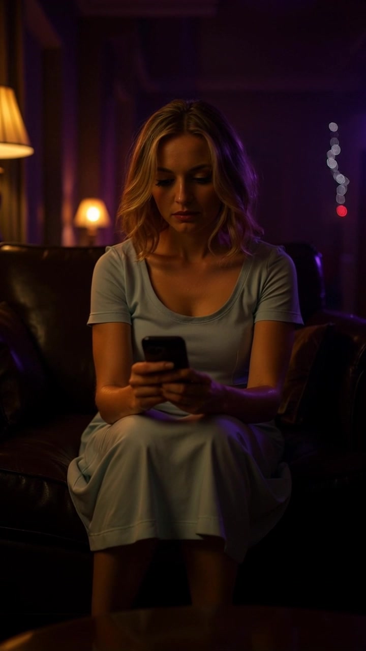 Subject: A relaxed individual sitting on a cozy couch. Subject movement: The person shifts slightly, occasionally glancing up from their phone. Scene: A warm living room adorned with soft lighting and inviting decor, creating a comforting atmosphere. Style: Ambient lighting fills the room, casting soft shadows and highlighting the details of the furniture. Motion: The camera slowly pushes in from a wider angle, capturing the coziness of the space while focusing on the person engaged with their phone.