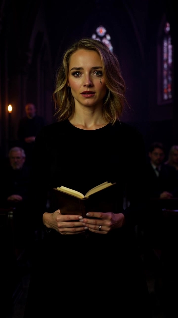 Subject: A woman standing in a dimly lit room, looking shocked and confused as she gazes at an old book. Subject movement: She sways slightly as if caught in a moment of surprise, her fingers trembling near the book. Scene: A dimly lit, cluttered room filled with antique furniture and shadows, creating an air of mystery. Style: Soft, low-key lighting emphasizing the contrasts in the room, creating a dramatic ambiance. Motion: A slow push-in from the left to the right, focusing on her facial expression and the book, capturing the tension and intrigue of the scene.