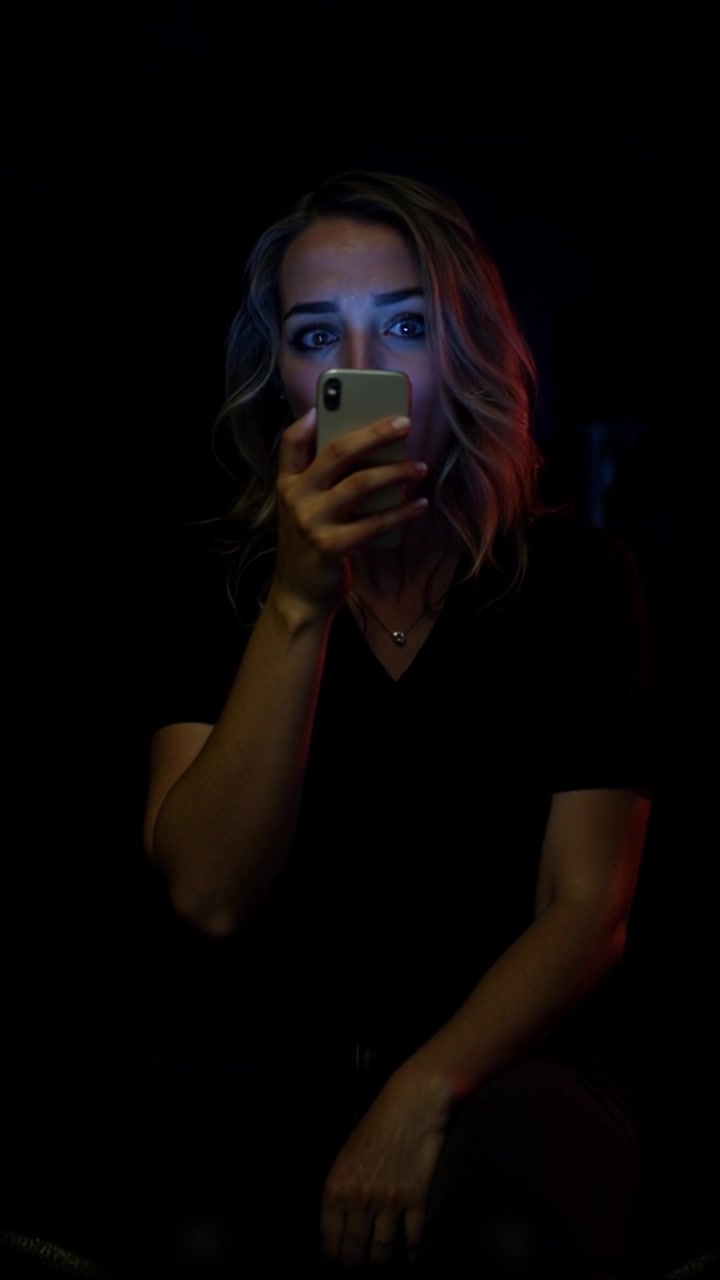 Subject: A woman gasping in surprise, hand covering her mouth. Subject movement: She takes a quick, startled step back, her eyes wide with shock. Scene: A dimly lit room filled with shadows, the atmosphere tense and filled with anticipation. Lighting: Low, dramatic lighting enhances the mysterious mood, casting deep shadows across the walls. Motion: Camera gently pushes in to capture her reaction, focusing on the intensity of her expression as she reacts to an unseen event.