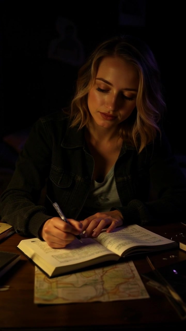 Subject: A focused hand writing in a notebook. Scene: Close-up of a hand, with delicate fingers gripping a pen as they glide across the pages filled with neat, handwritten notes. Style: Soft ambient lighting illuminates the workspace, creating a warm and inviting atmosphere. Motion: The camera smoothly pushes in for an intimate view of the hand's movement, capturing the subtleties of each stroke on the paper.