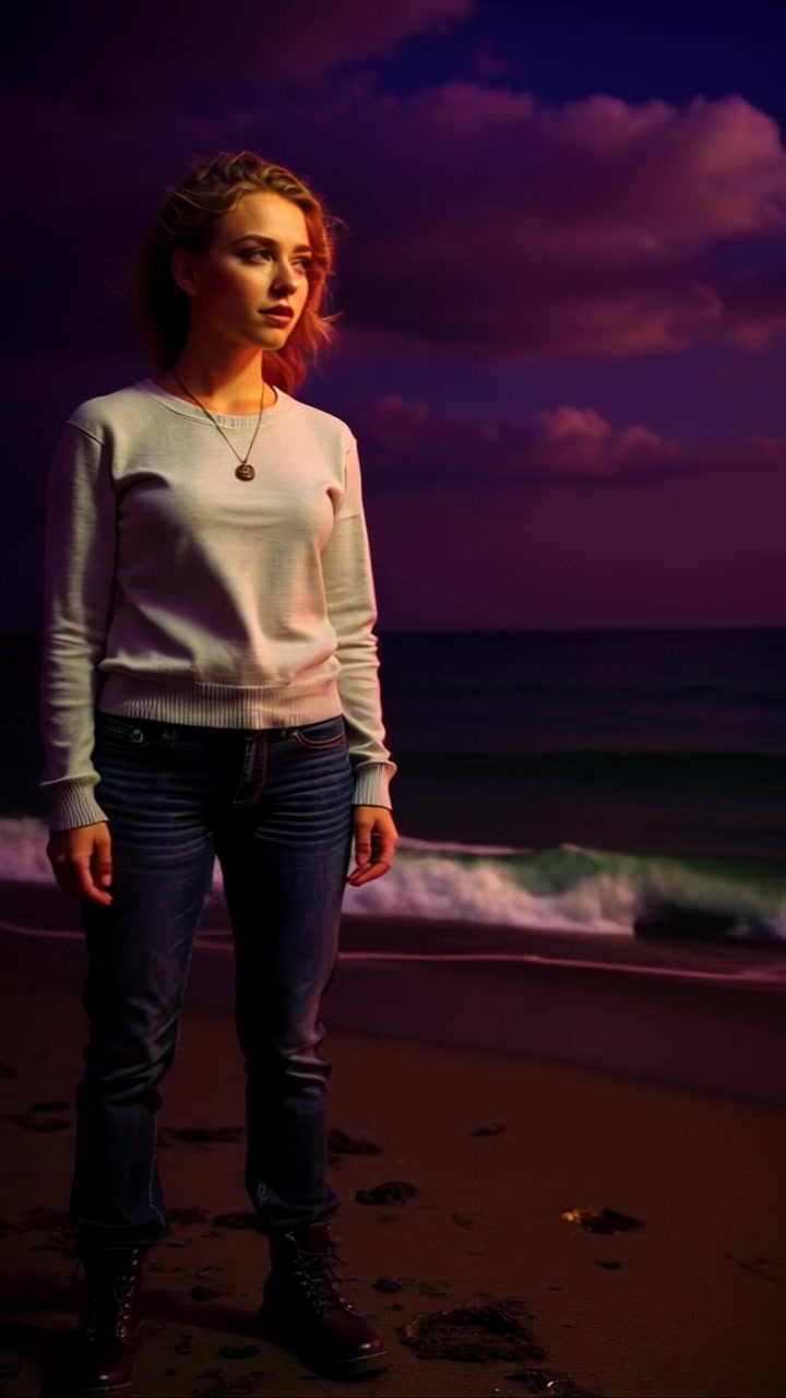 Subject: A figure standing on a pristine sandy beach. Subject movement: The figure gazes serenely out at the rolling ocean waves, with her hair flowing gently in the wind. Scene: A coastal landscape featuring golden sands and turquoise waves under a clear blue sky. Style: Bright, midday sunlight casting vibrant reflections on the water surface. Motion: The camera slowly pans sideways along the beach, capturing the gentle movement of the waves and the figure's contemplative stance.
