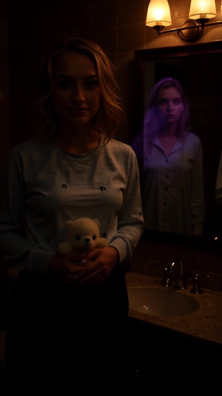 Scene: A dark room filled with deep shadows, where the faint outline of a spirit hovers hauntingly behind an unseen person. Style: Dim lighting creates an eerie atmosphere, with shadows playing dramatically on the walls. Motion: The camera slowly pushes in towards the spirit, capturing the eerie presence while the surroundings remain still, intensifying the suspense.
