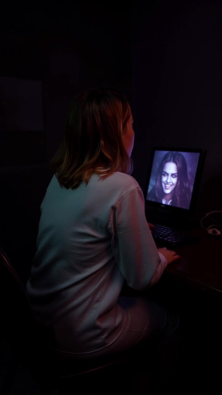 Subject: A person looking back at a glowing computer screen. Subject movement: Ashley glances back with a concerned expression, her brows furrowed. Scene: A dimly lit room, the glow of the computer screen illuminating her face and creating shadows around her. Style: The ambiance is moody, with a blue-green color tone reflecting on her features. Motion: The camera begins with a close-up on Ashley as she turns her head to face the screen, then slowly pulls back to reveal the full atmosphere of the room.