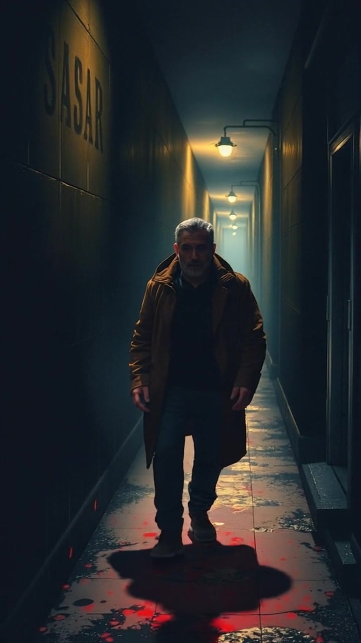 Subject: A figure emerging from the darkness. Subject movement: The figure steps cautiously into the dimly lit hallway, casting long shadows on the walls. Scene: A mysterious and shadowy hallway, hinting at twisting corners and hidden depths. Style: Low, eerie lighting that heightens the sense of suspense and anticipation. Motion: The camera slowly pushes in toward the figure, heightening the sense of emerging danger.