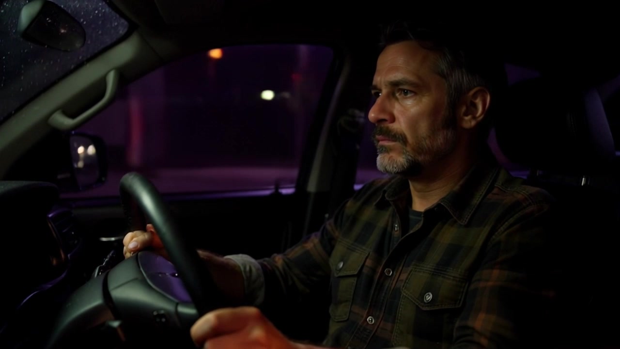 Subject: A person gripping the steering wheel of a car. Subject movement: The individual shifts their gaze side to side anxiously, enhancing the worried expression on their face. Scene: Inside a car cockpit, with the street blurred outside the windows, suggesting movement. Style: Soft interior lighting mixed with the flickering lights of the external environment, creating a tense atmosphere. Motion: The camera performs a dramatic push-in towards the driver, emphasizing their intense focus and concern, as the city landscape whizzes past.
