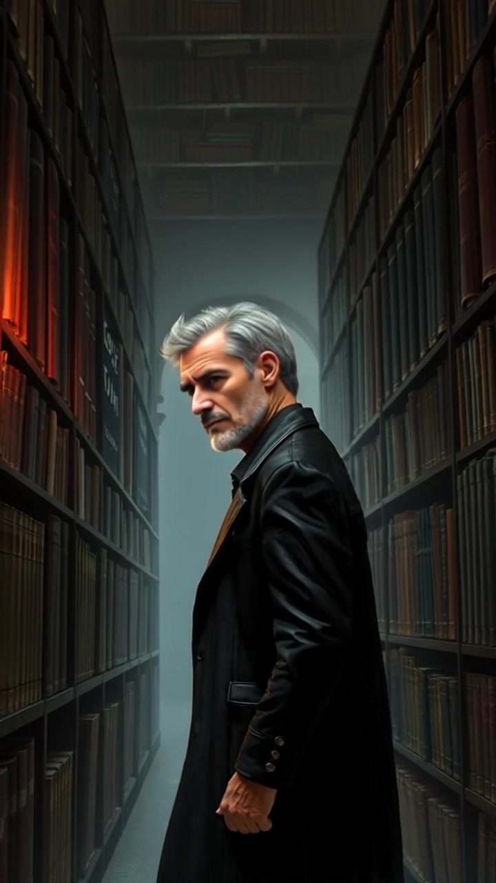Scene: A lone figure stands in a quiet library, surrounded by towering bookshelves filled with ancient books. Style: Soft, ambient lighting creates a serene atmosphere, illuminating dust particles that dance in the shafts of light. Motion: The camera slowly pushes in towards the figure, capturing the intricate details of the library while maintaining a tranquil focus on the solitude of the moment.
