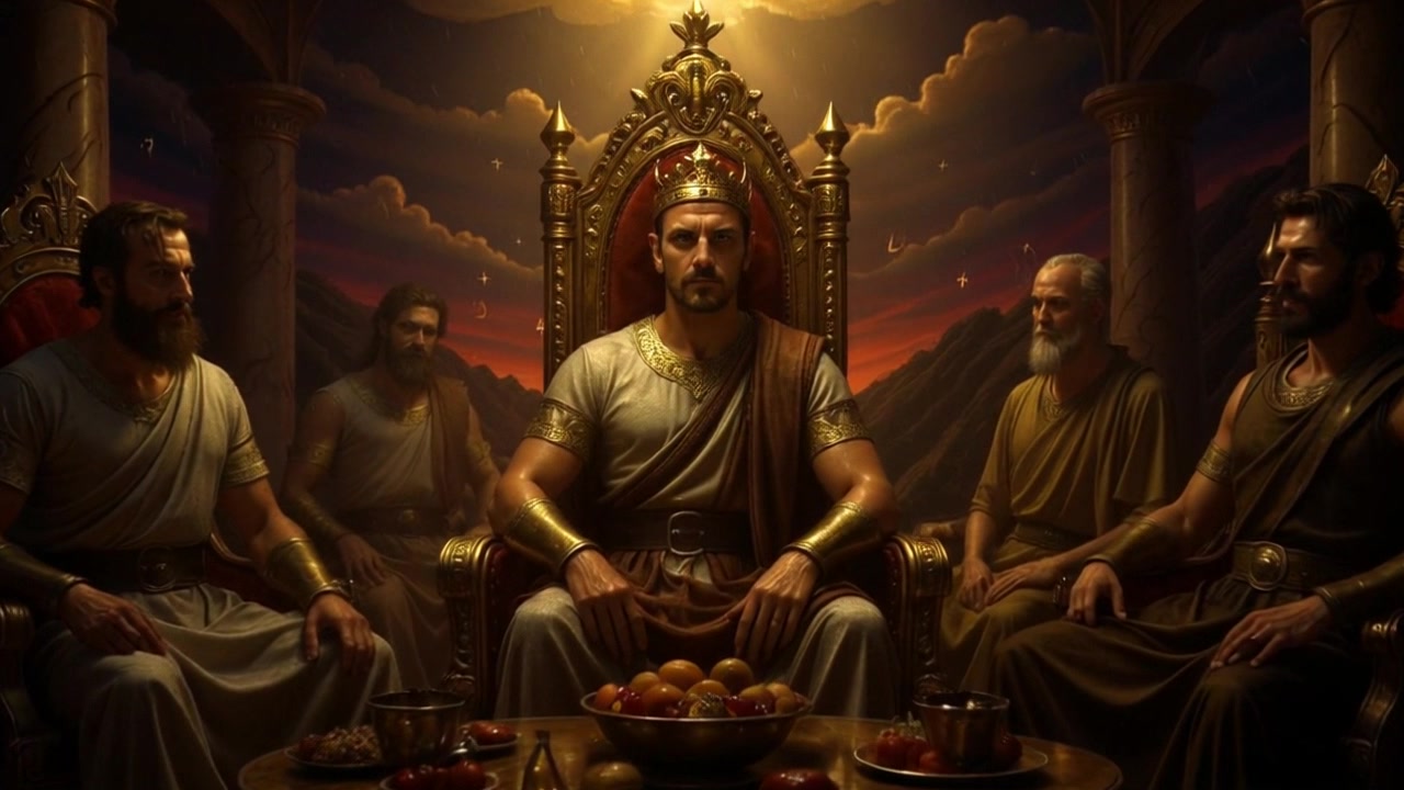 Subject: A regal figure seated on an ornate throne. Subject movement: The figure leans slightly forward with a commanding presence, exuding authority. Scene: A majestic throne room filled with rich tapestries, shimmering chandeliers, and elaborate decor, glowing with an air of grandeur. Lighting: Soft, ambient lighting highlights the intricate details of the throne and surroundings. Motion: The camera gently pushes in, circling around the throne to capture the ambiance and splendor of the setting, while the sound of distant echoes adds to the dramatic atmosphere.