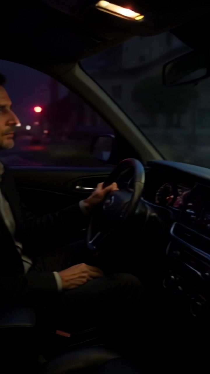 Scene: Inside a car, with the driver focused intently on the road ahead, a blank expression on their face. Style: Ambient lighting with soft, natural hues streaming in from the windshield. Motion: Camera starts with a close-up of the driver’s face before panning out to reveal the dashboard and the scenery passing by outside the car window, enhancing the feeling of movement and concentration.