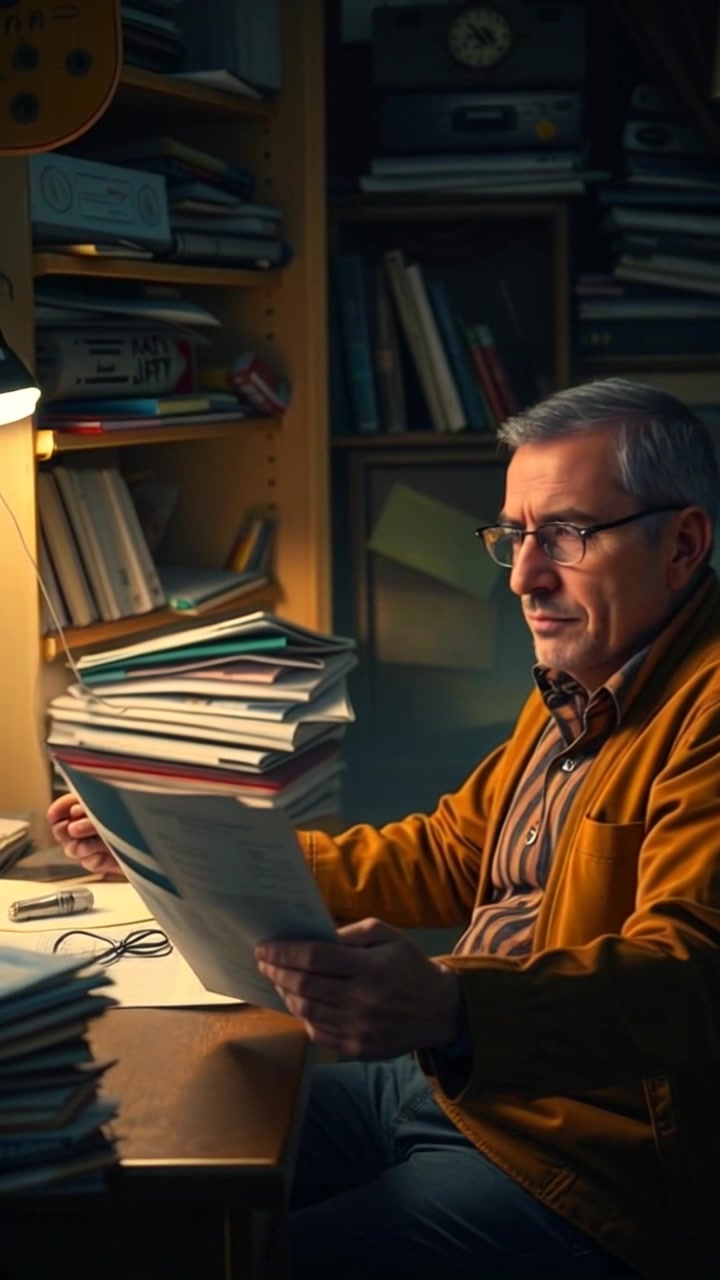 Scene: A cramped apartment with a cluttered desk filled with scattered documents, shadows creeping over the surface under dim lighting. Style: Moody light enhances the sense of focus and intensity in the space, emphasizing the urgency of the study session. Motion: Camera slowly pushes in toward the desk, highlighting the intricate details of the papers as the gentle rustling of pages becomes audible.