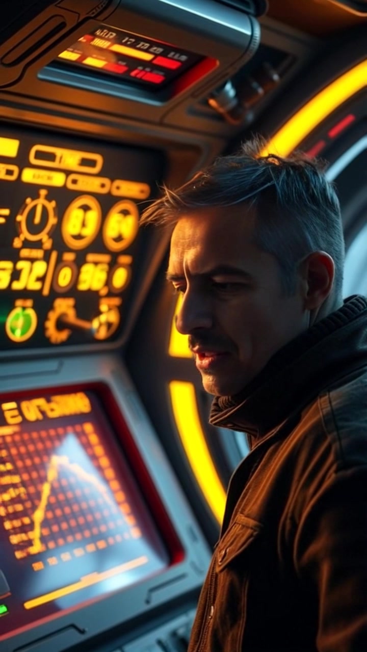 Subject: A person looking concerned. Subject movement: The person leans slightly forward, intently examining the control panel while tapping some buttons. Scene: Inside a futuristic spaceship cockpit, filled with advanced technology and panels featuring glowing symbols and shifting energy readings. Style: Dimly lit with blue and green ambient lighting illuminating the control panel, creating a charged atmosphere. Motion: The camera slowly pushes in on the subject, capturing their expressions and the flickering lights of the panel, as dramatic tension builds.