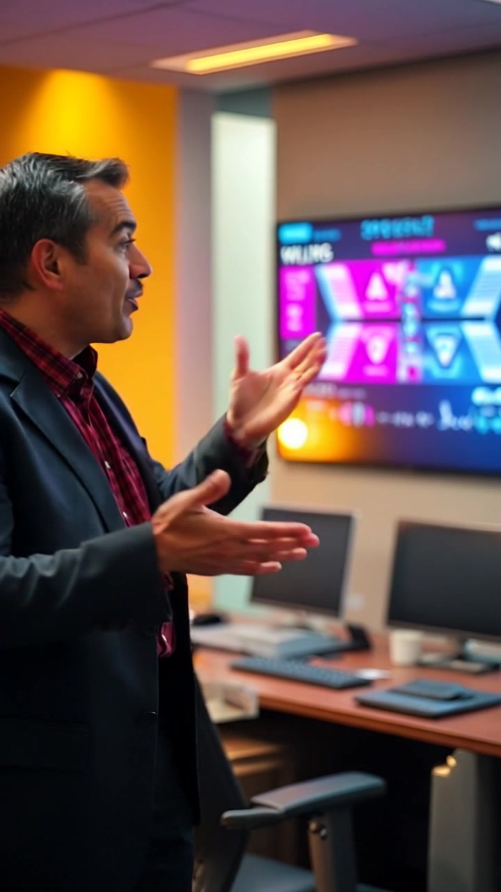 Subject: A person standing in a modern office, passionately gesturing towards a digital screen. Subject movement: The individual makes broad, animated gestures while speaking, conveying enthusiasm and engagement. Scene: Contemporary office environment filled with sleek furniture and high-tech gadgets, with a large digital screen displaying dynamic content. Style: Bright, natural light floods the room, emphasizing a professional yet inviting atmosphere. Motion: The camera begins with a close-up on the speaker's hands as they gesture, then pulls back slowly to capture the full scene, highlighting the modern office setup.