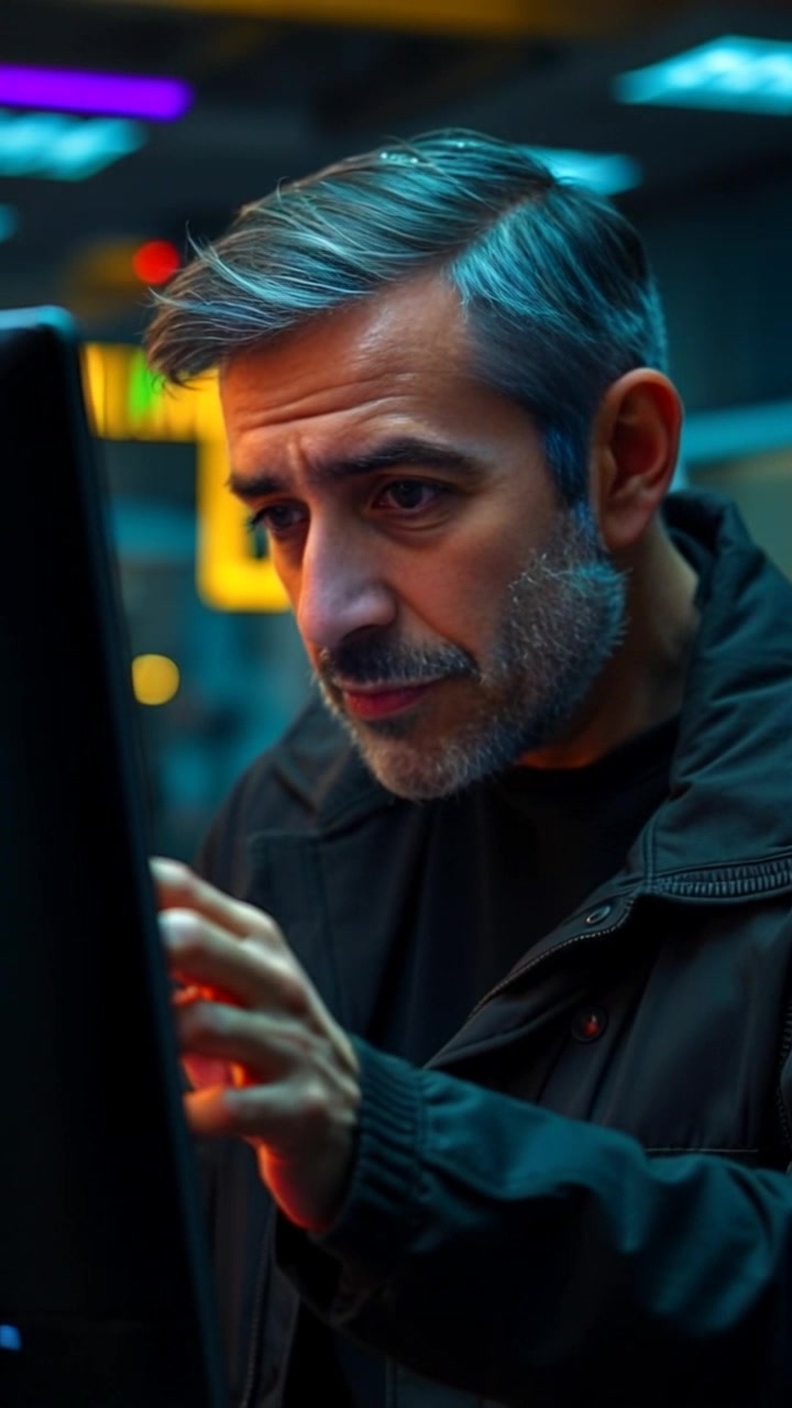 Subject: Omar, intently examining data on a screen, his brow furrowed in concentration. Subject movement: He leans closer to the screen, gesturing slowly as if discussing insights. Scene: A modern office space with soft ambient lighting, featuring sleek furniture and numerous digital monitors. Motion: The camera starts with a close-up of the data on the screen, then gradually pulls back to reveal Omar's engaged expression and the surrounding workspace.