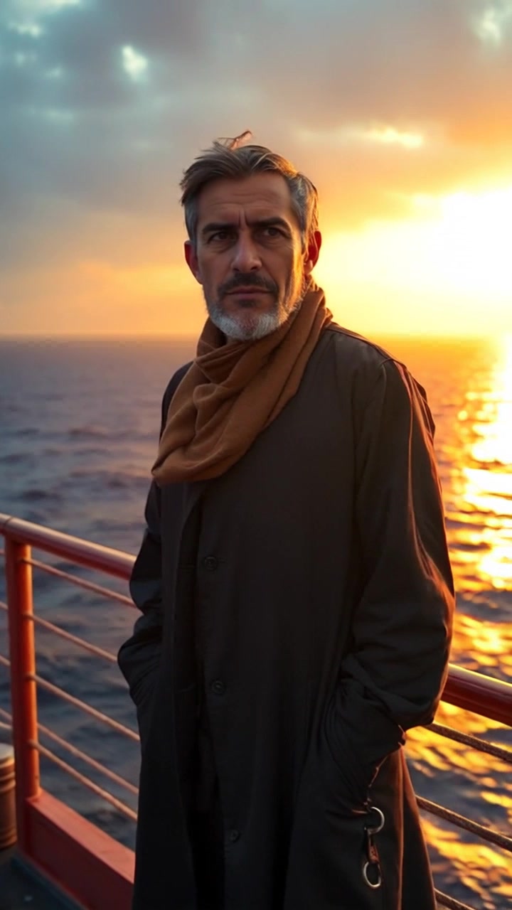 Subject: A person named Omar standing on a ship's bridge. Subject movement: Omar gazes intently out over the vast ocean, adjusting his stance as the ship sways gently with the waves. Scene: The bridge of the ship against an endless expanse of ocean, surrounded by a vibrant blue sky dotted with wispy clouds. Style: Natural daylight illuminating the scene, creating a serene and open atmosphere. Motion: The camera slowly pans around Omar, capturing both his contemplative expression and the dynamic ocean surrounding the ship, enhancing the sense of adventure and exploration.