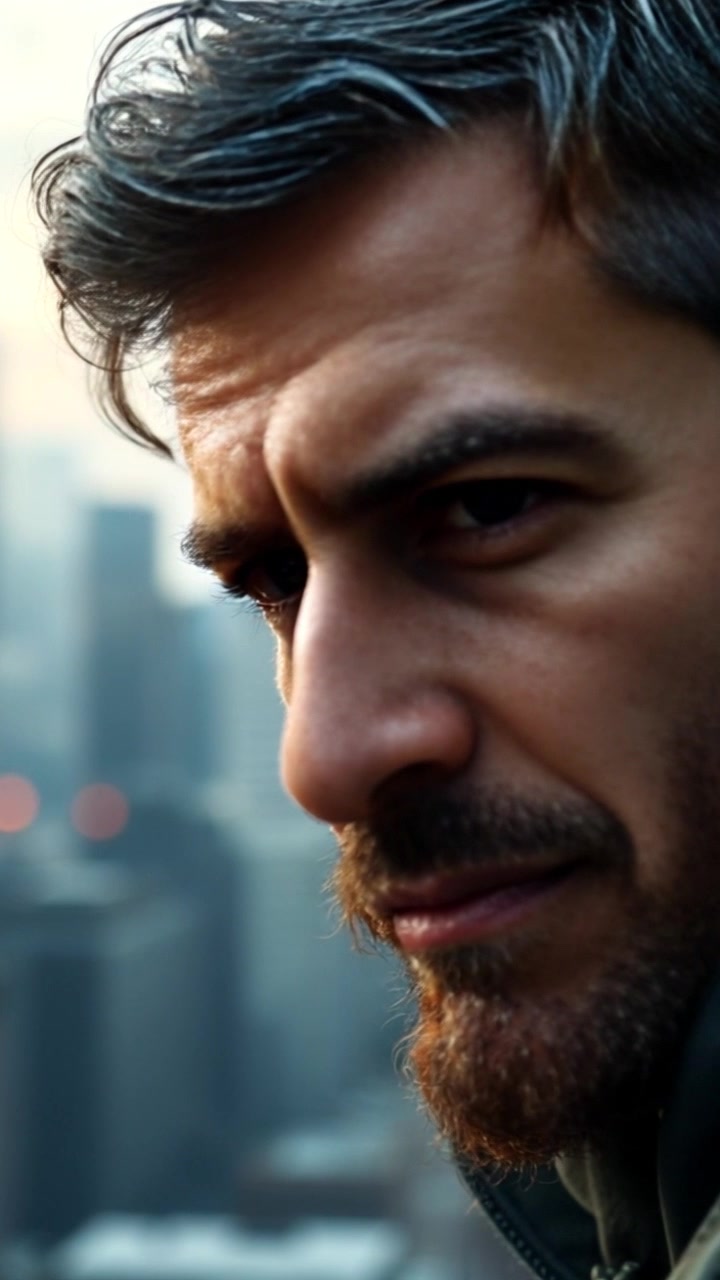 Subject: A determined person gazing into the distance. Scene: Close-up of a face filled with resolve, set against a beautifully blurred city skyline in the background. Style: Soft, ambient lighting creates an intimate yet dramatic atmosphere. Motion: The camera slowly pushes in on the subject's face, capturing the intensity of their expression while the cityscape gradually fades into a seamless bokeh.