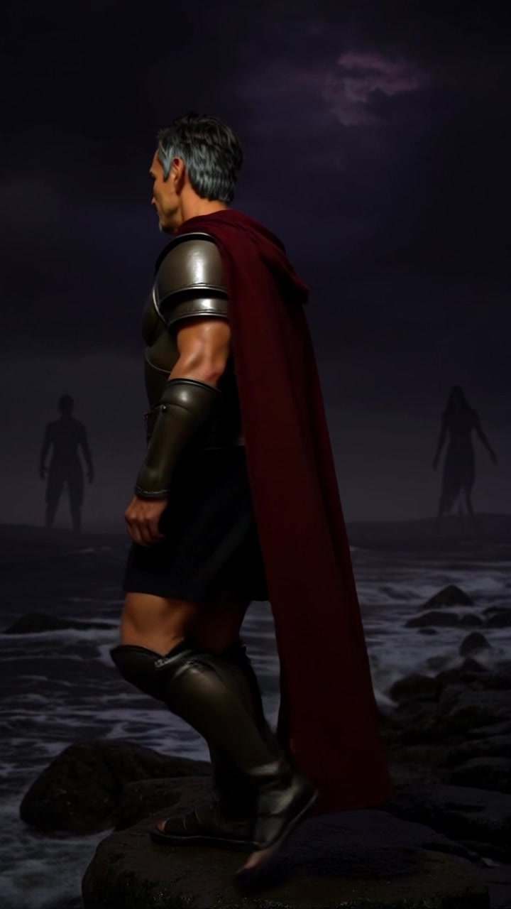 Subject: Omar standing alone on a rocky shore. Subject movement: He shifts slightly as waves crash rhythmically behind him, turning his head occasionally to capture the expansive horizon. Scene: Rugged coastline with crashing waves under a vast sky, where sea meets the horizon. Style: Dramatic lighting accentuating the textures of the rocks and the sparkle of the water. Motion: Camera begins with a wide shot of the landscape before slowly zooming in on Omar, capturing his contemplative stance against the powerful backdrop of nature.