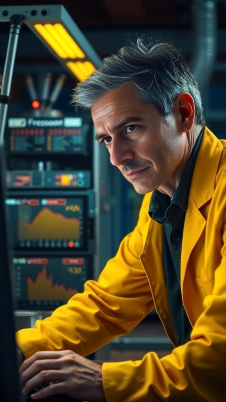 Subject: A focused individual in a laboratory. Subject movement: The individual types rapidly on the computer, glancing at the screen with intent concentration. Scene: High-tech laboratory environment filled with digital displays and glassware, conveying a sense of advanced research. Style: Bright, fluorescent lighting highlighting the sleek surfaces and contours of the equipment. Motion: Camera moves in with a smooth dolly shot, emphasizing the individual's serious expression and the intense atmosphere of scientific inquiry.