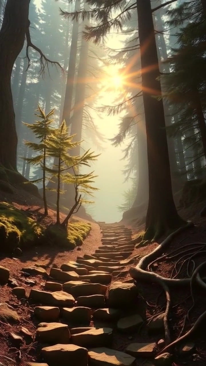Scene: A narrow forest path winding through tall trees, with sunlight filtering through the leaves, creating dappled light patterns on the ground. Style: Soft, morning light that enhances the tranquility of the forest atmosphere, encapsulating a sense of calm. Motion: The camera glides forward smoothly along the path, slowly revealing the beauty of the towering trees on either side, as the gentle rustle of leaves adds to the immersive experience.