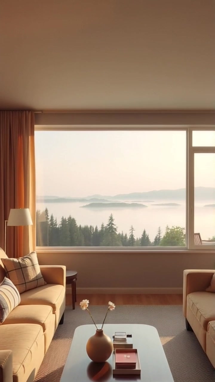 Scene: A serene landscape at sunrise featuring a calm lake with soft mist rising above its surface, encircled by lush trees. Style: Soft, warm morning light illuminating the tranquil setting, with gentle hues of orange and pink reflecting on the water's surface. Motion: The camera slowly glides over the lake's surface, capturing the delicate mist as it dances in the early light, while framing the surrounding trees in an inviting panorama.