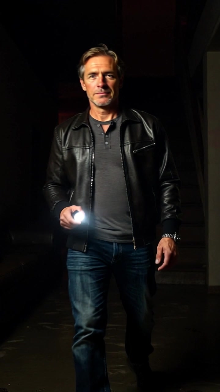 Subject: A determined character with a flashlight. Subject movement: Mark strides purposefully down a dimly lit hallway, illuminating shadows with his flashlight. Scene: Narrow hallway with flickering lights and unsettling shadows, creating a sense of tension. Style: Soft ambient light with low contrast, casting elongated shadows on the walls. Motion: Camera follows closely behind, tracking Mark's movement as he advances forward, creating a gripping sense of suspense.