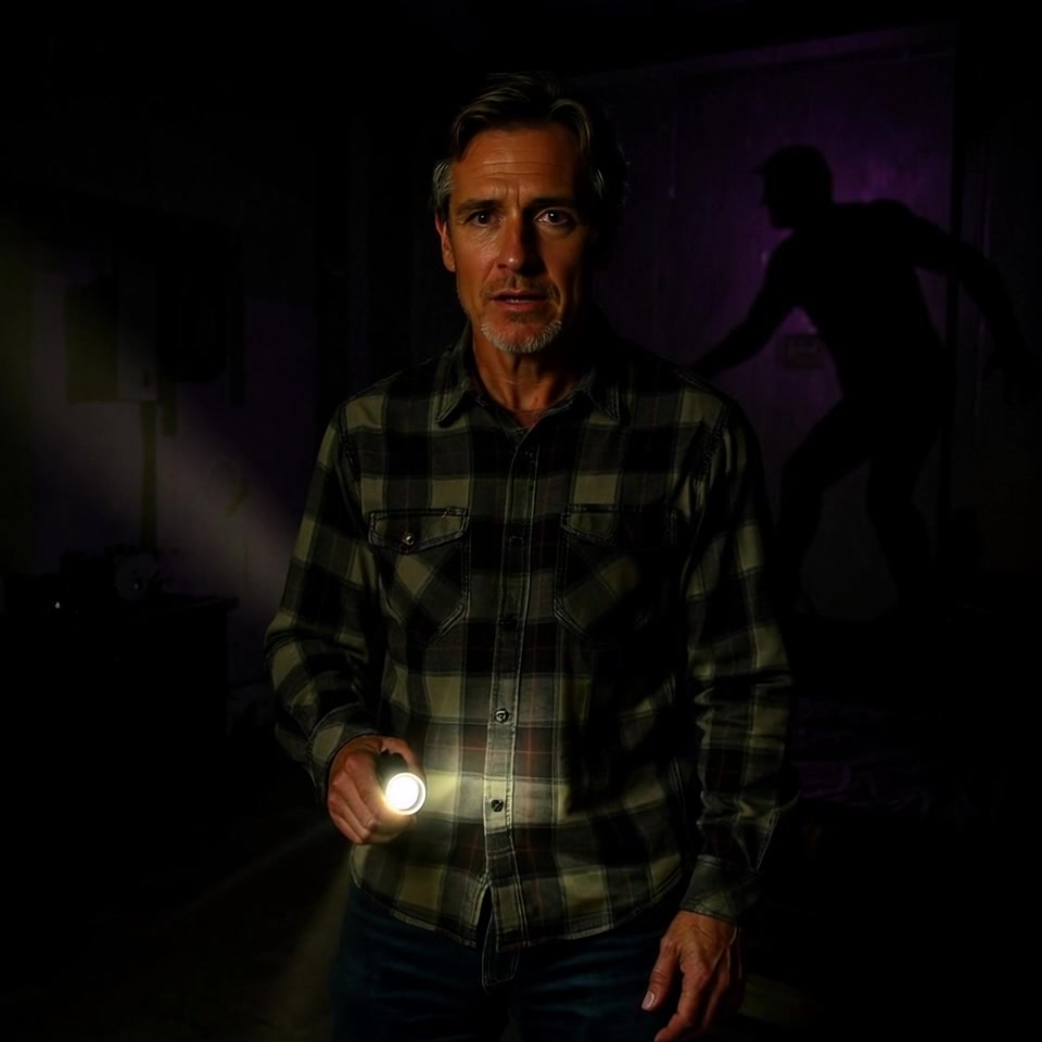 Subject: A man with a fearful expression. Subject movement: He shifts uneasily as he gazes toward a shadowy corner of a dimly lit room. Scene: The dimly lit room, featuring sparse, indistinct furniture and looming shadows that add to the tension of the atmosphere. Style: Dark, moody lighting accentuating the fear and uncertainty in the air. Motion: The camera slowly dolly in towards the man, capturing his anxious gestures and the stark contrast between his expression and the overwhelming darkness around him.