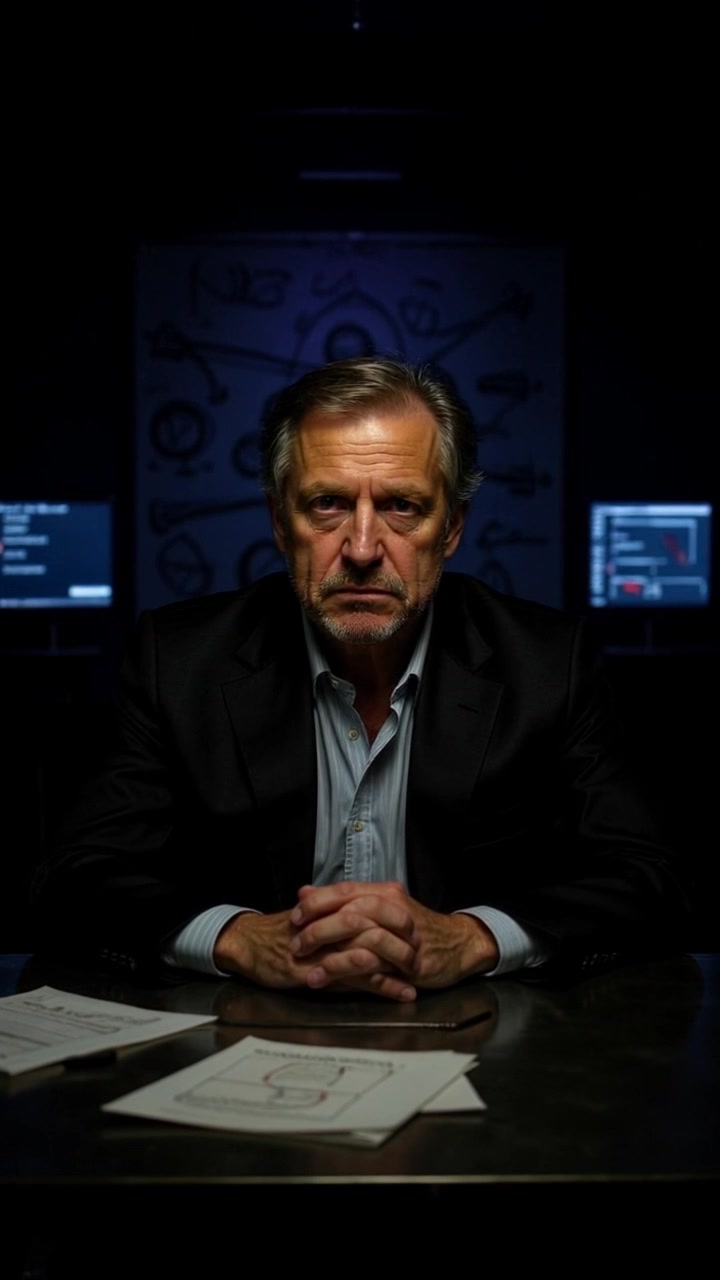 Scene: A cluttered desk with papers strewn about, Mark is seated at his desk, looking serious and focused, with a large whiteboard filled with notes looming in the background. Style: Ambient lighting casts soft shadows, emphasizing the concentration of the setting. Motion: The camera slowly pushes in on Mark's concentrated expression, capturing the depth of his thoughts as the clutter of paperwork flutters gently in the breeze from an open window.