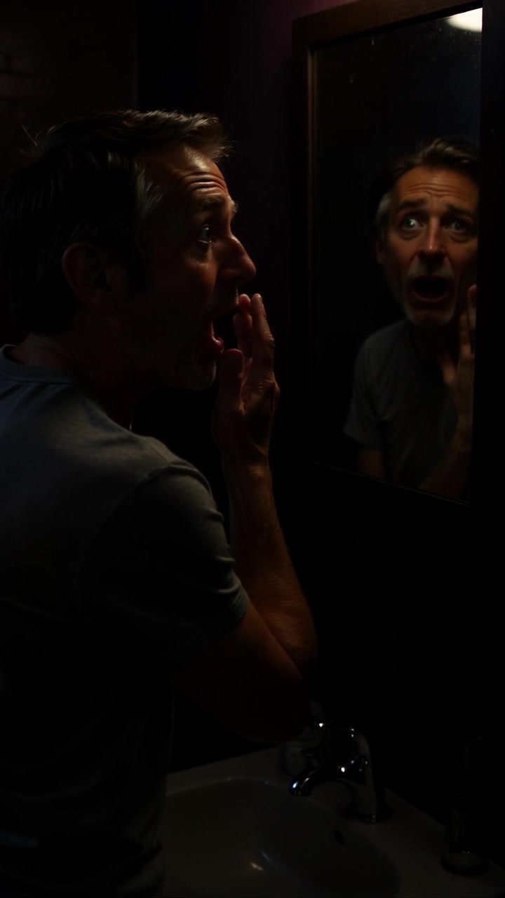 Subject: A person with a shocked expression, wide-eyed and whispering softly. Scene: Close-up of the person's face against a dark, mysterious reflection that hints at something ominous. Style: Dimly lit with a focus on contrasting shadows, creating a tense atmosphere. Motion: The camera gently pushes in to emphasize the emotional intensity, capturing the subtle nuances of the person's expression within the darkened environment.