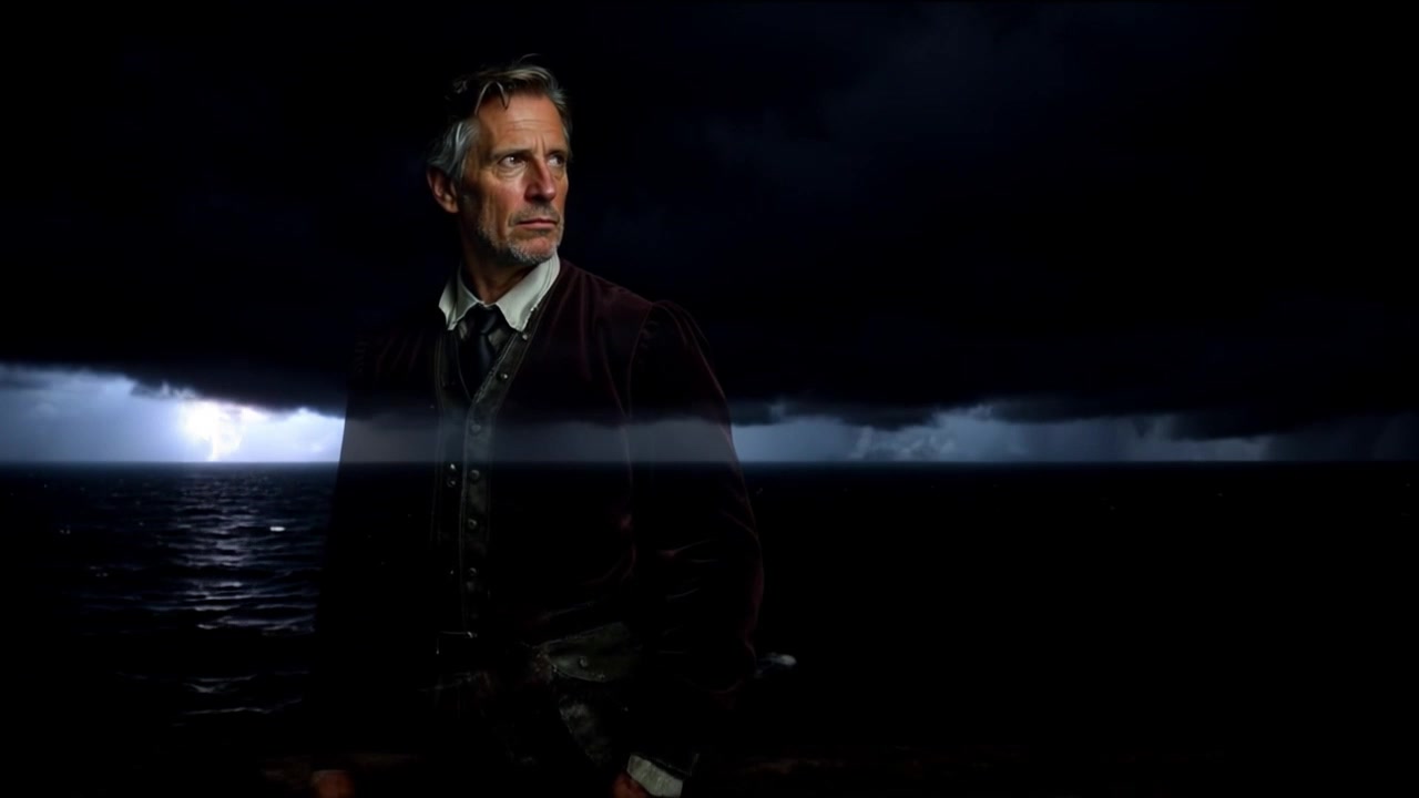 Subject: A figure standing on a cliff. Subject movement: The figure remains still, gazing intently over the turbulent ocean below. Scene: A dramatic cliffside overlooking a roiling sea, with dark storm clouds gathering overhead. Style: Moody lighting accentuates the ominous atmosphere, with flashes of lightning illuminating the landscape. Motion: Camera begins with a tight close-up on the figure's contemplative expression, then slowly pulls back to reveal the expansive ocean and menacing storm approaching, creating a sense of scale and impending drama.