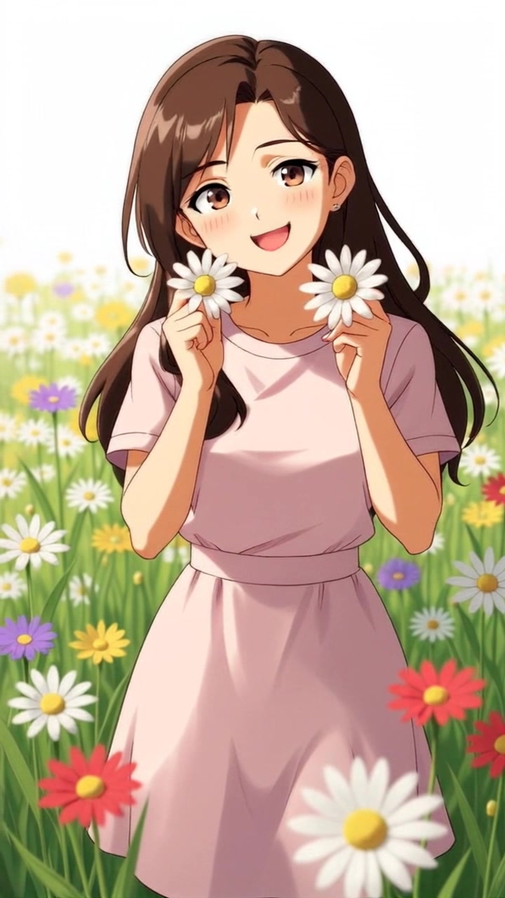 Subject: A young woman named Priya, smiling joyfully amidst a burst of colorful flowers framing her face. Subject movement: She gently tilts her head, allowing her smile to widen as the vibrant flower petals flutter softly in the breeze. Scene: Close-up portrait of Priya surrounded by a garden of bright flowers, creating a lively and inviting atmosphere. Style: Soft, diffused lighting highlights the intricate details of the flowers and the warmth in her expression. Motion: The camera pans slowly around her, capturing different angles of her radiant smile while the flowers sway delicately in the background.