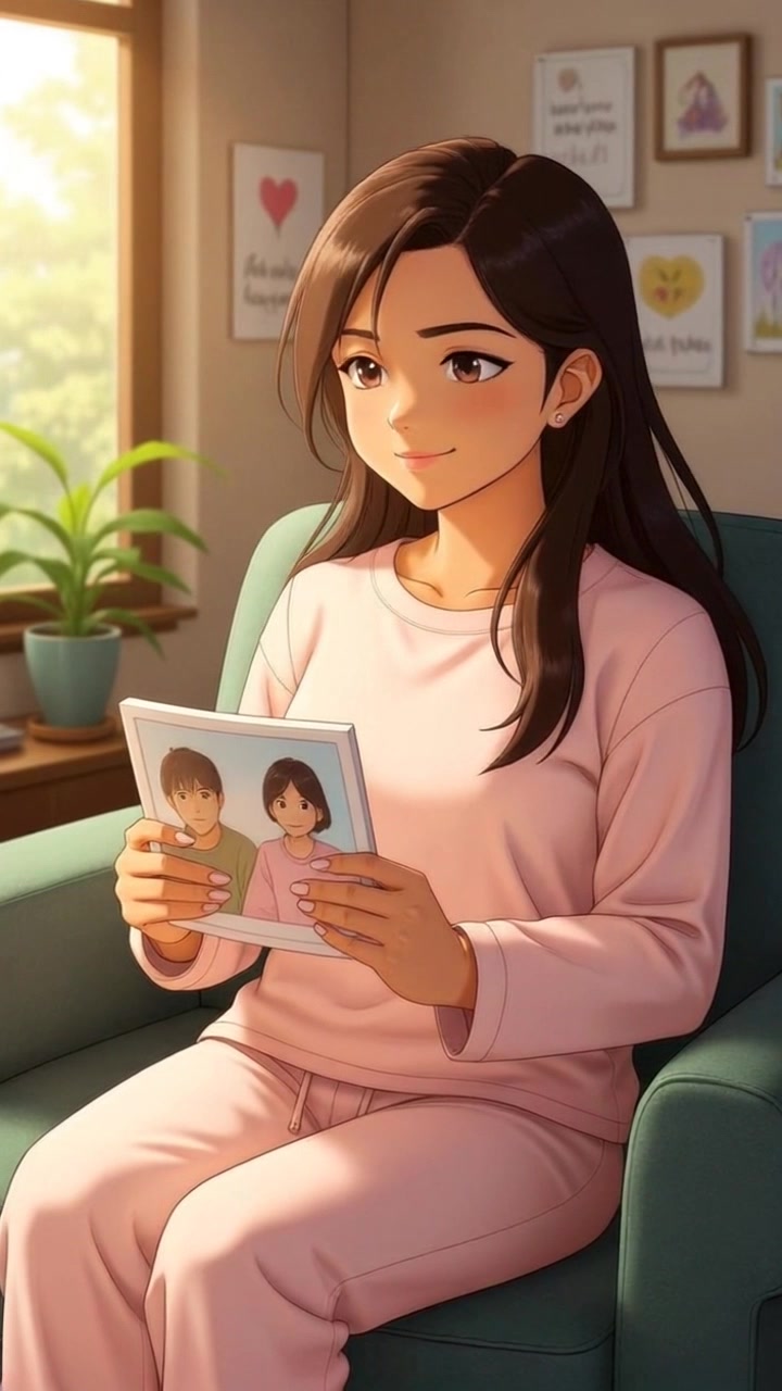 Subject: A woman sitting comfortably on a plush couch, gazing thoughtfully at family photos. Scene: A cozy living room adorned with soft lighting and warm decorations, exuding a sense of homeliness. Motion: The camera slowly pushes in, capturing her serene expression as she reminisces, the ambient light casting gentle shadows across the room's inviting decor.