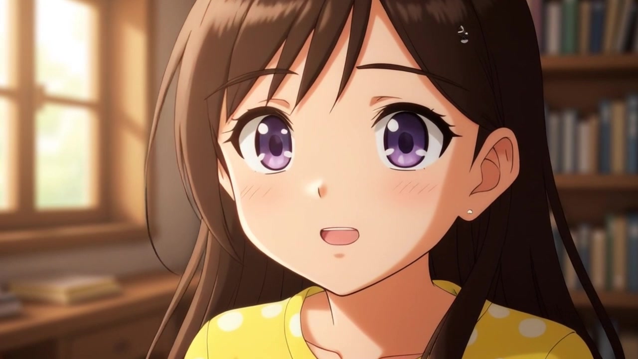 Scene: A close-up of a young woman's face, displaying a curious expression as she asks a question. Style: Soft, diffused lighting with a warm tone that highlights her features and invites an intimate atmosphere. Motion: The camera gently pushes in on her face, capturing the subtle movements of her eyebrows and the sparkle in her eyes, creating a sense of engagement.