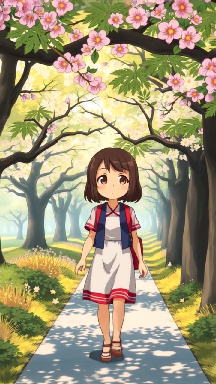 Subject: A figure walking gracefully along a scenic pathway. Subject movement: The figure strolls calmly, gently swaying as they take in the beauty of their surroundings. Scene: A scenic pathway lined with lush trees and vibrant blooming flowers, with sunlight beautifully filtering through the leaves. Style: Soft, inviting morning light enhancing the colors of the flowers and foliage. Motion: Camera follows smoothly alongside the figure, slightly panning to capture the surrounding natural beauty as they walk.