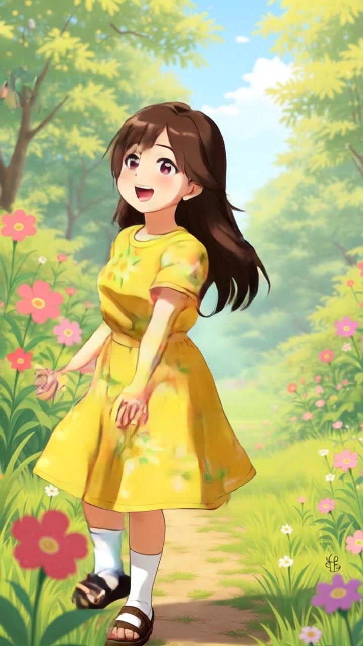 Subject: A joyful child playing in a sunny garden, surrounded by vibrant flowers and fluttering butterflies. Subject movement: She twirls and dances among the blossoms, reaching out to catch the butterflies with delighted laughter. Scene: A bright, cheerful garden filled with an array of colorful flowers under a clear blue sky, the atmosphere filled with warmth and happiness. Motion: The camera performs a smooth, sweeping motion that captures the joyful scene from a low angle, gliding around her as she spins, with sunlight streaming through the petals, enhancing the inviting ambiance.