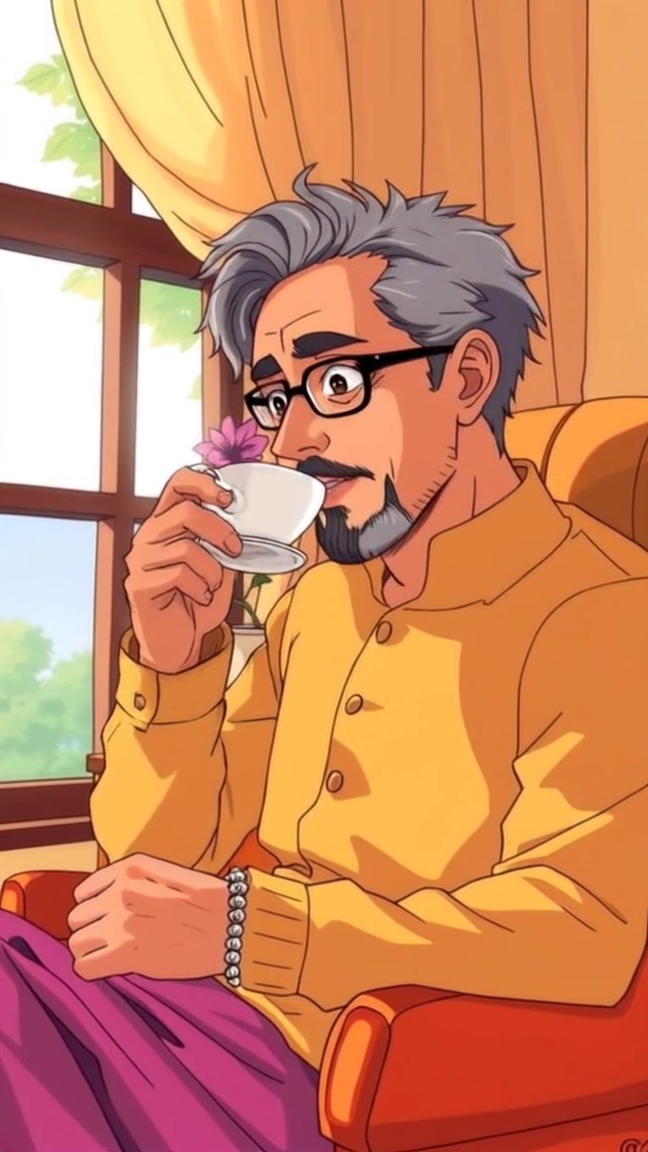 Subject: A person sitting in an armchair. Subject movement: The person gently raises the cup of tea to their lips before placing it down, lost in thought. Scene: Cozy living room with soft lighting, a window revealing a tranquil garden view outside. Style: Warm, inviting ambiance with golden light filtering through the window. Motion: Camera performs a slow push-in towards the person, capturing their serene expression, while soft focus highlights the details of the armchair and the steam rising from the tea.