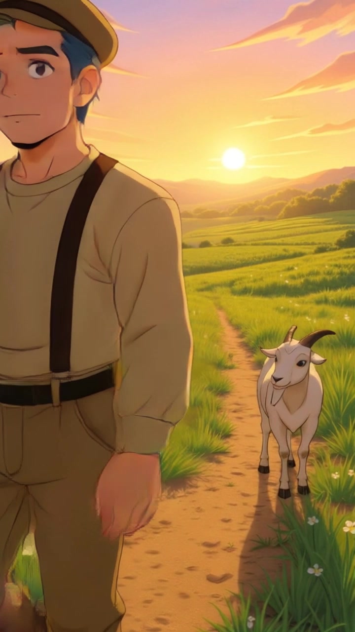 Subject: A person walking through a lush green field at sunrise. Subject movement: The individual strolls leisurely, taking in the serene surroundings. Scene: Expansive green field with rows of crops stretching into the distance, framed by the warm glow of the rising sun. Style: Soft, golden morning light illuminating the dew-kissed grass and vibrant colors of the crops. Motion: The camera starts at a low angle focused on the grass, then tracks upward as it follows the person walking, gradually pulling back to reveal the expansive landscape bathed in the early light.